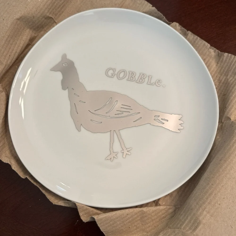 West Elm Thanksgiving White & Silver Ceramic Plate NIB 8.5” Gobble
